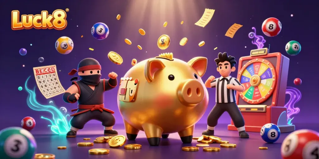 Experience thrilling gameplay at Luck8 with a vibrant scene of a golden piggy bank sumo wrestler and colorful dynamic elements.