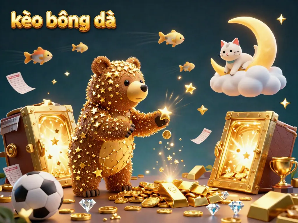 Experience kèo bóng đá with rich treasures and dynamic soccer elements in a vibrant scene.