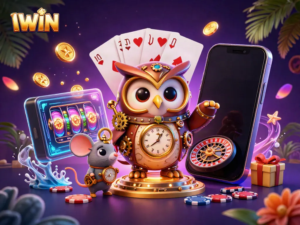 IWIN showcases a whimsical adventure of a time-traveler owl in a vibrant casino world filled with slots and treasure.