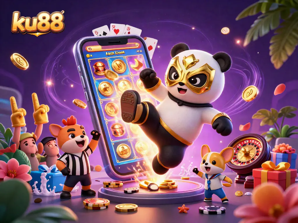 ku88 casino scene showing action with colorful slot games, playful characters, and festive atmosphere.