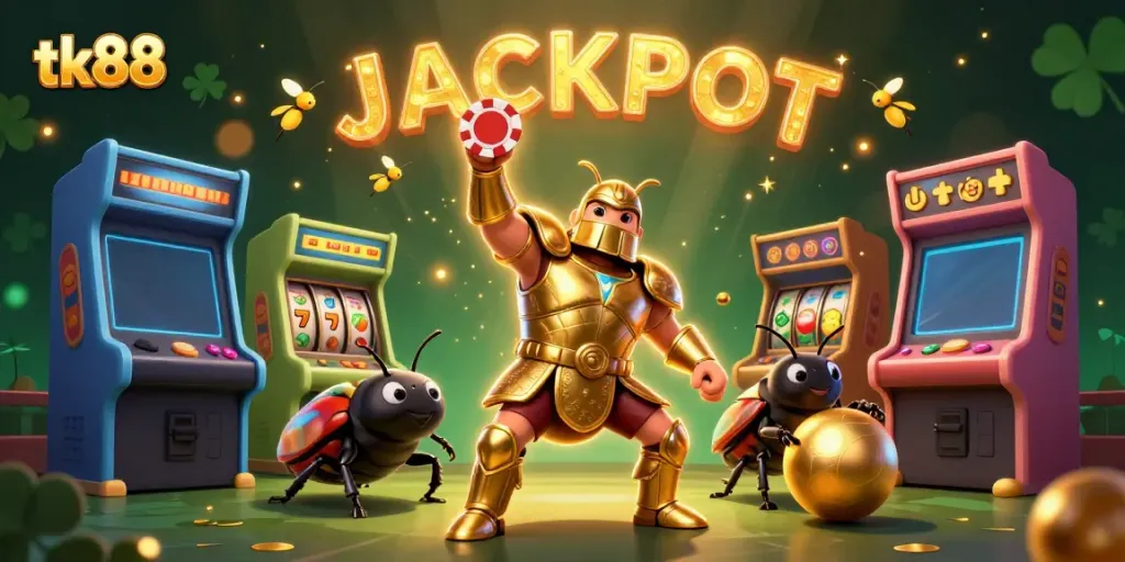 Experience tk88's thrill of victory with a cartoon beetle lifting a winning poker chip in a vibrant casino scene.