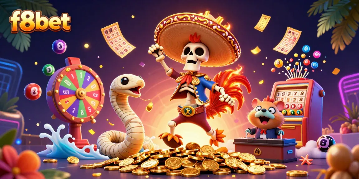 Join the f8bet victory dance with vibrant characters and dynamic gaming elements in this thrilling casino scene.