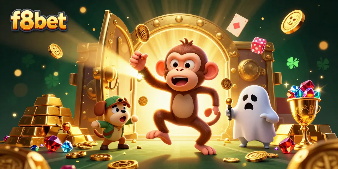 Experience f8bet in a vibrant casino scene with a mischievous monkey and a curious puppy.