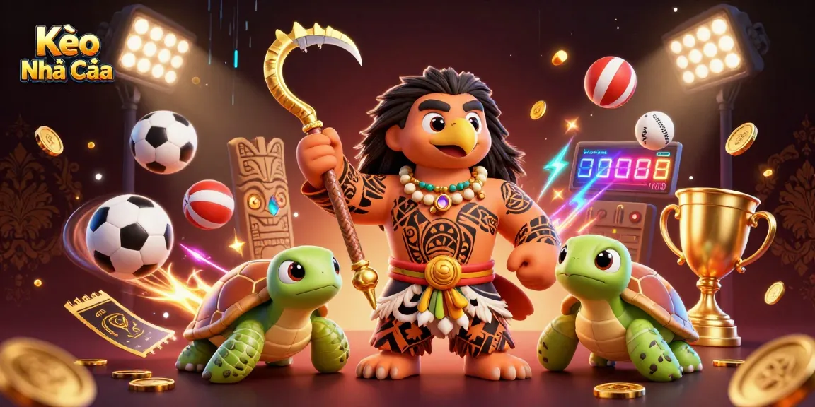 Experience Kèo Nhà Cái with a dynamic scene featuring a demigod and sports elements for exciting betting.