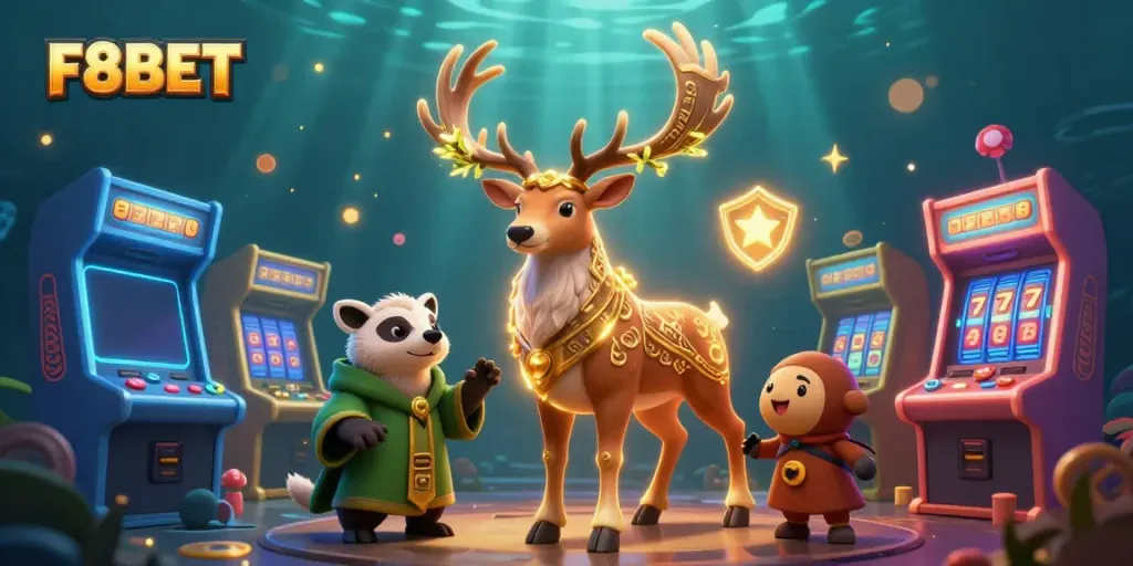 Play exciting games at F8BET with vibrant 3D illustrations of casino elements and characters.