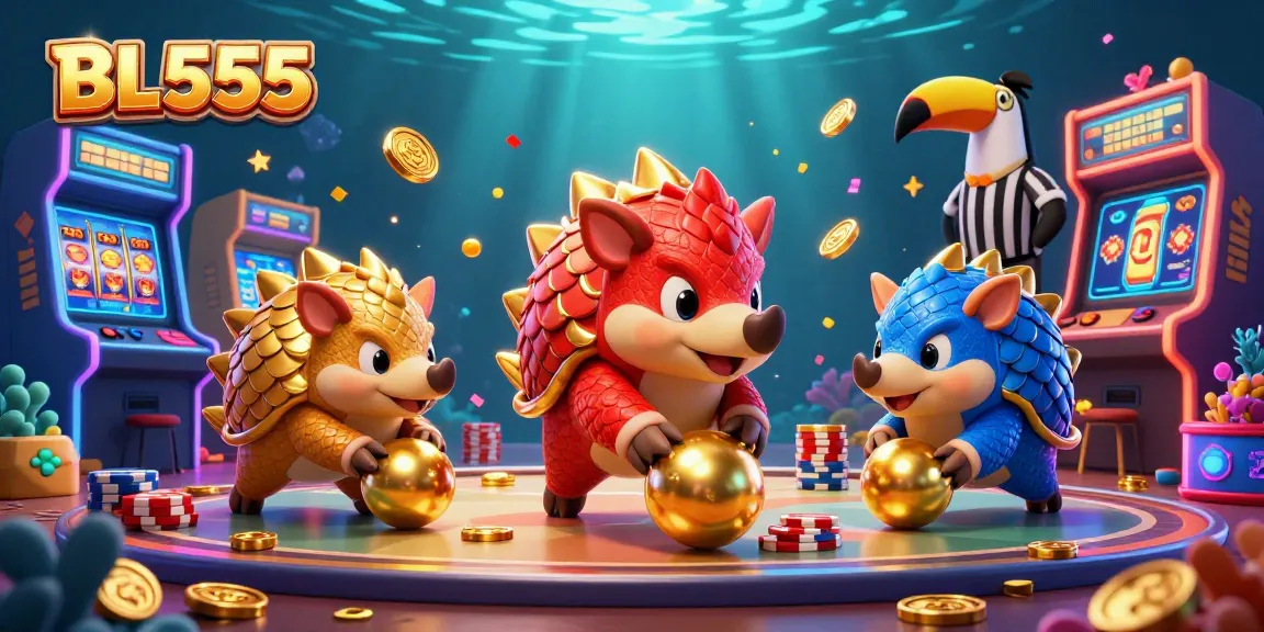 Join the excitement at BL555 with a lively illustration of pangolins bowling through poker chips and slots!