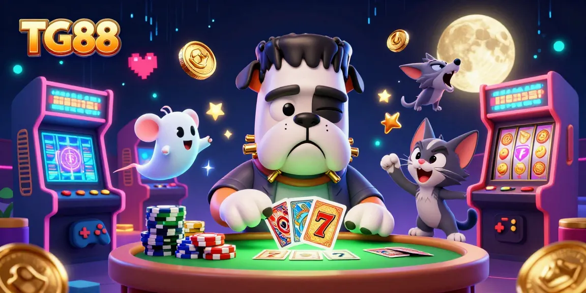 Play exciting games at TG88 with a spooky bulldog dealer and neon arcade elements.