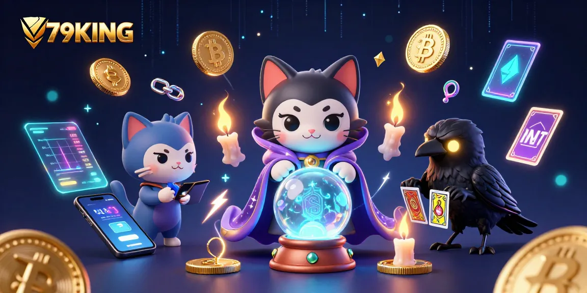 Engage with 79KING's thrilling casino experience featuring a mystical cat, tarot raven, and vibrant crypto elements.