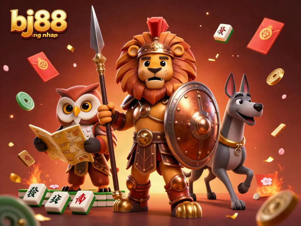 Join the excitement at bj88 dang nhap with 3D characters amid floating golden gaming elements.