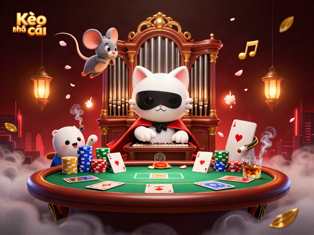 Experience Kèo nhà cái with a vibrant casino illustration featuring a charming white cat and poker elements.