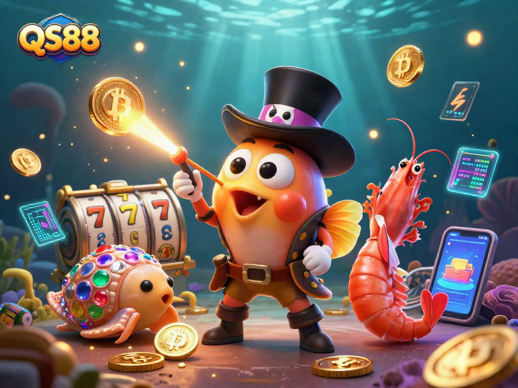 Engage with QS88's thrilling slots world, featuring a vibrant scene with gold, characters, and casino elements.
