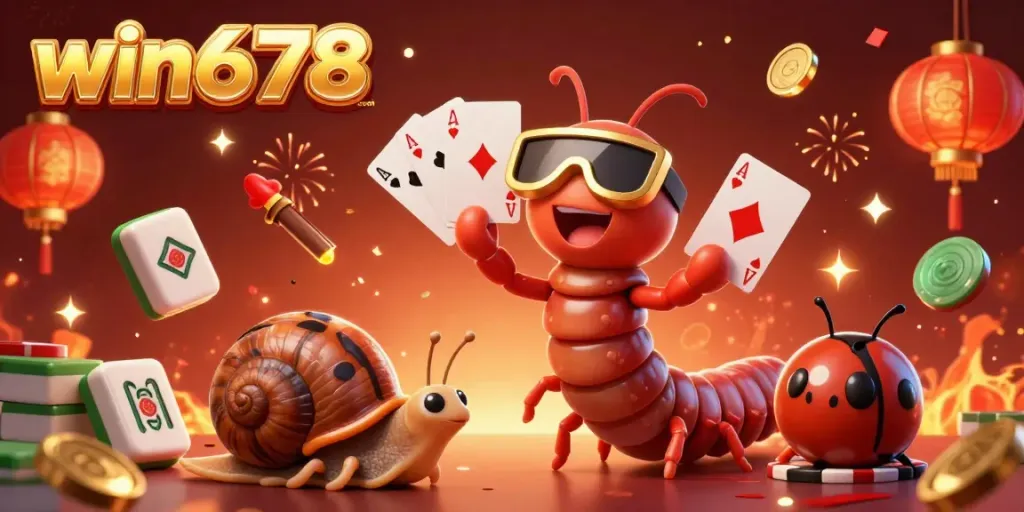 Experience exciting action at win678 com with a dynamic casino scene featuring unique playful characters and festive decorations.