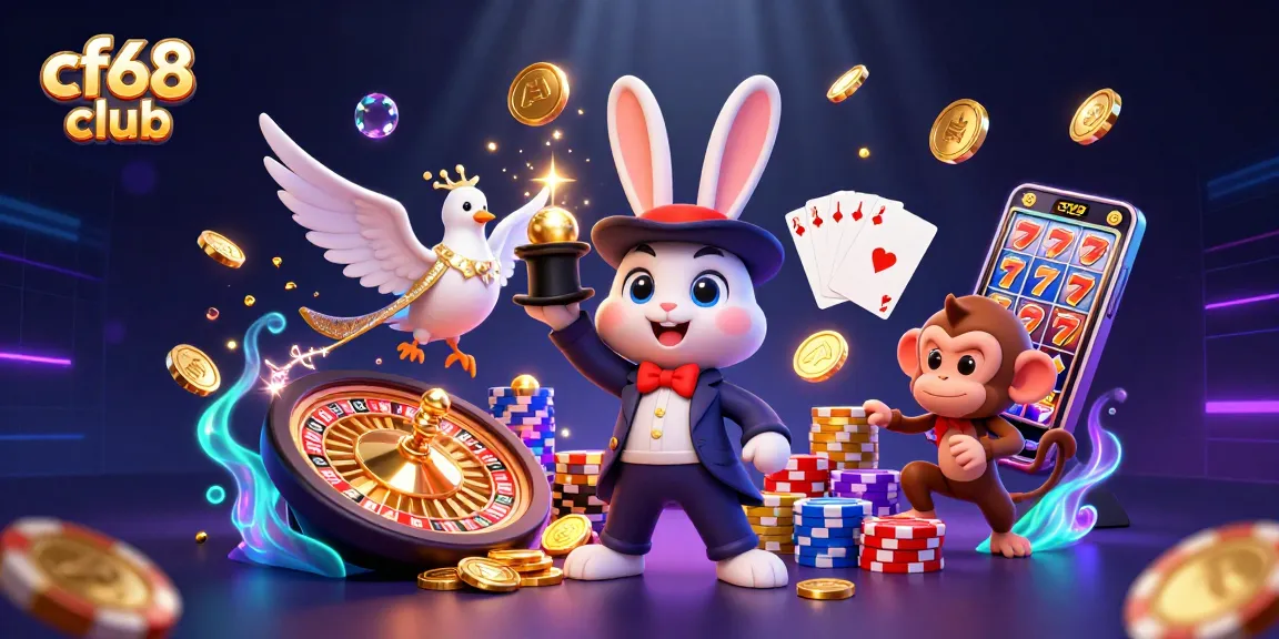 Win at cf68 club with a magician rabbit, dazzling coins, and poker chips in a vibrant casino scene.
