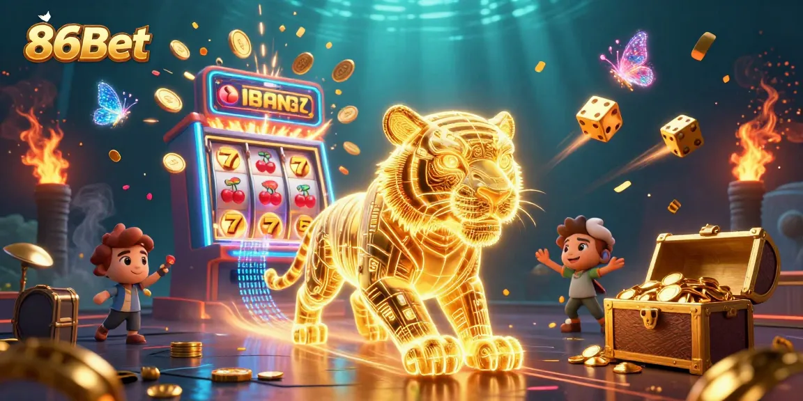 Win big with 86Bet: a neon tiger in a vibrant casino landscape bursting with slot machine jackpots.
