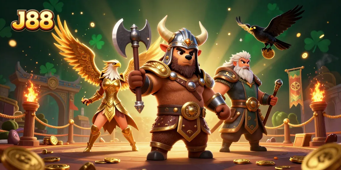 Engage with J88's thrilling online betting world through a dynamic Viking and Valkyrie-themed scene.