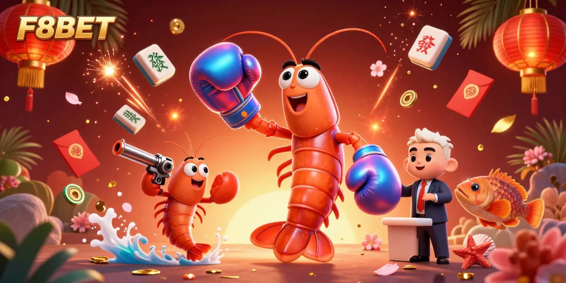 Experience F8BET's vibrant gaming atmosphere with characters and festive elements in a captivating illustration.