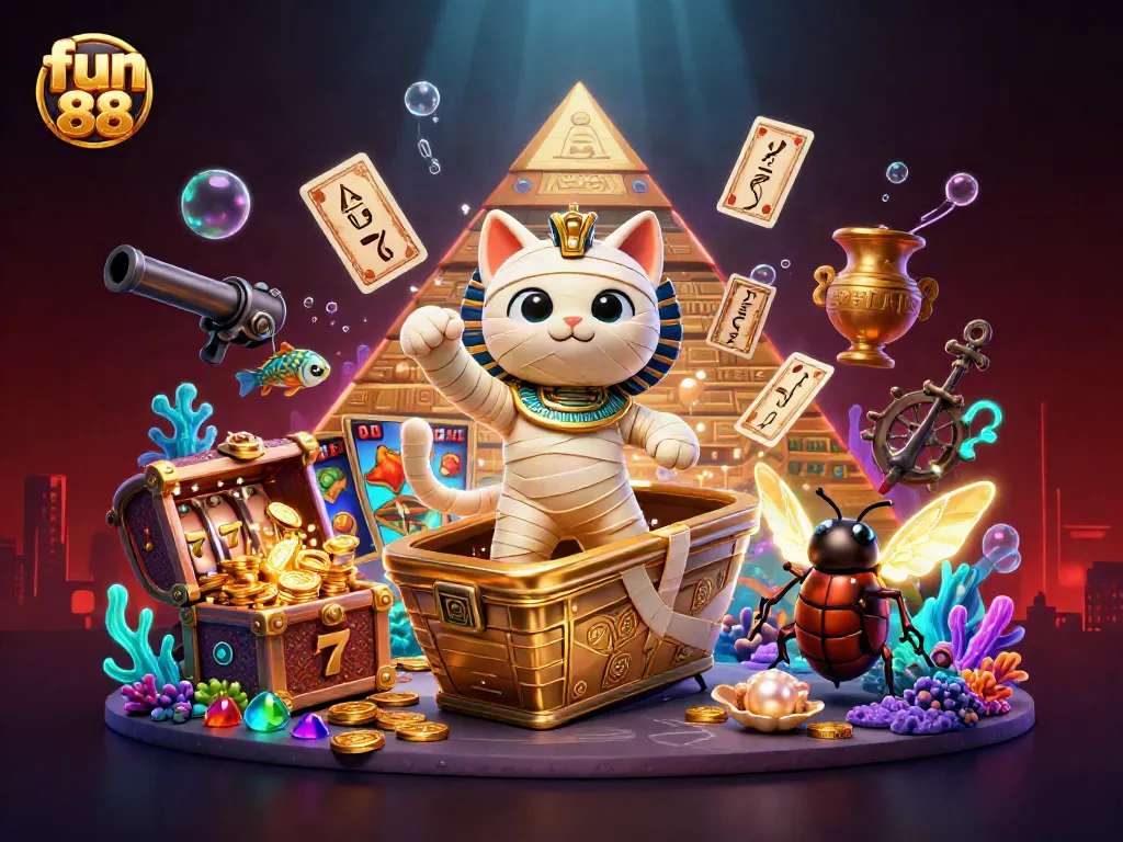 Experience fun 88 with a thrilling casino scene featuring a mummy cat and golden treasures.
