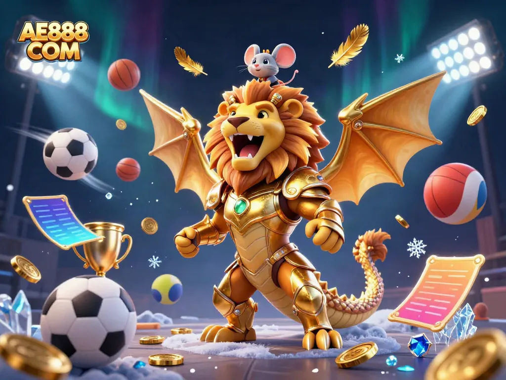 Experience thrilling gaming at AE888 COM with a golden chimera and sports elements!
