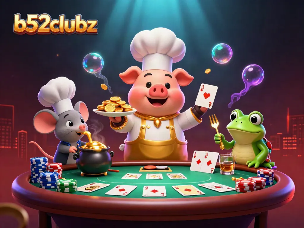 Experience thrilling bets at b52clubz with our cartoon chef pig, sous-chef mouse, and critic frog in a vibrant casino setting.