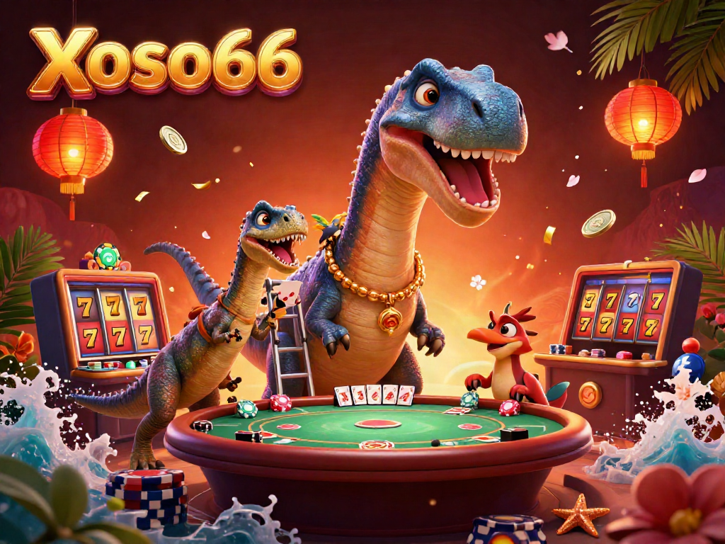 Xoso66 engaging in dynamic casino action with a massive brontosaurus, raptor dealer, and vibrant game elements.