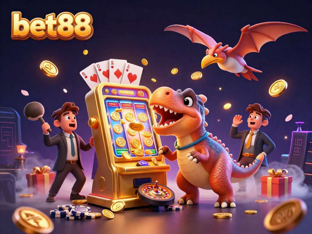 Experience the excitement of bet88 with a pachycephalosaurus winning jackpots in this vibrant casino scene.