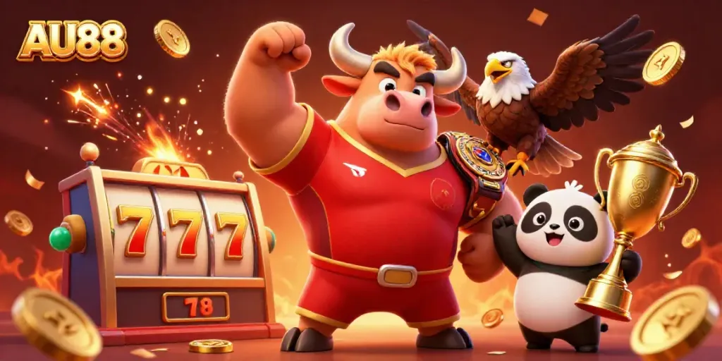 Experience the thrill of AU88 with a lively scene involving a triumphant bull, eagle, and panda amidst cascading slot rewards.