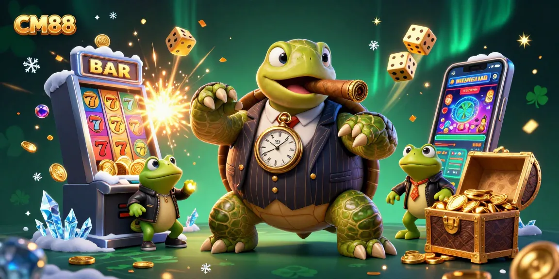 Explore the CM88 casino scene with a turtle in a suit, golden coins, and vibrant slot machine action.