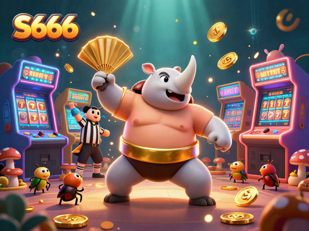 S666 delights gamblers as the sumo champion beetle stomps coins in a vibrant casino scene.