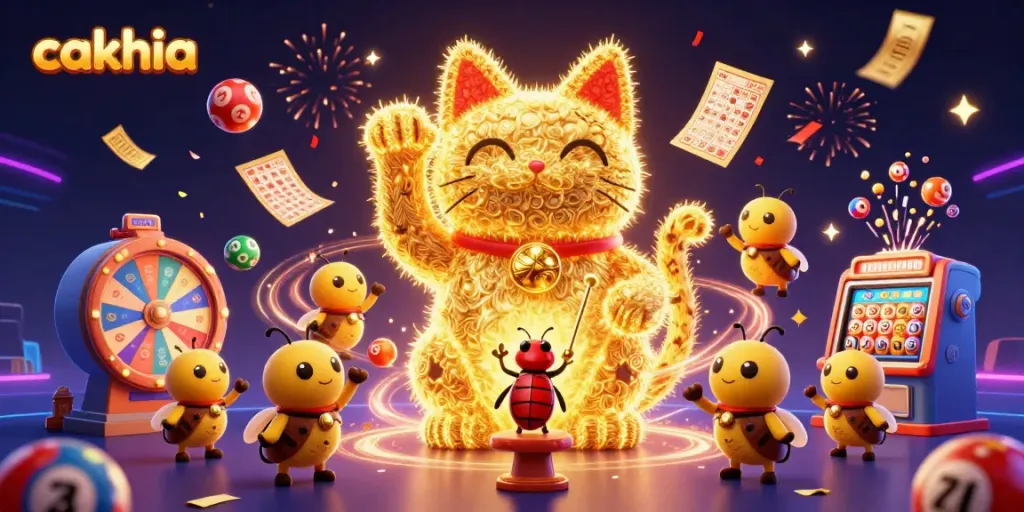 Cakhia showcases a vibrant 3D rendering of a lucky cat surrounded by dynamic lottery elements.