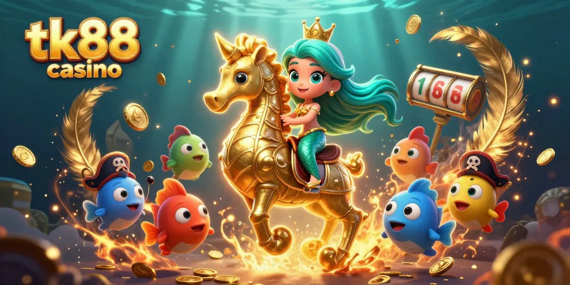 Play at tk88 casino featuring a mermaid princess riding a golden seahorse amidst colorful fish and slot reels.