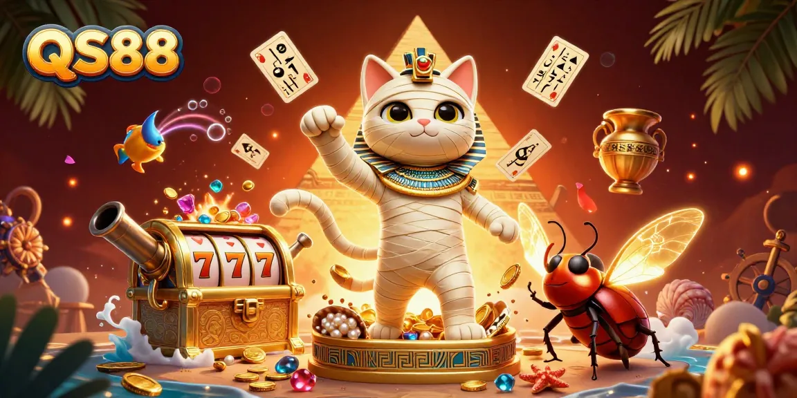 Experience thrilling moments at QS88 casino with Egyptian mummy cat and scarab beetle amidst gold and jewels.