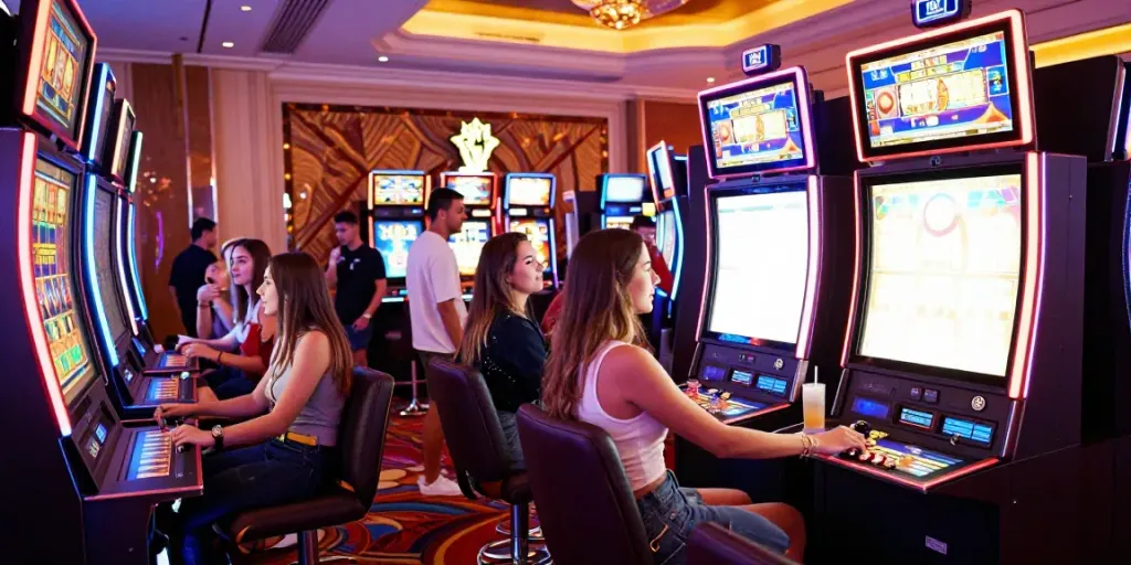 Friends enjoying a thrilling Vegas88 game experience at a colorful casino.