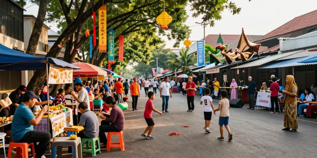 An engaging community festival scene in Bandar Lampung featuring lornematthews.com cultural elements, showcasing families enjoying local cuisine and traditional music.