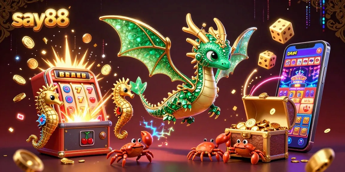 Experience the thrills of say88 with vibrant casino visuals bursting with energy, showcasing a sea dragon and slot machines.