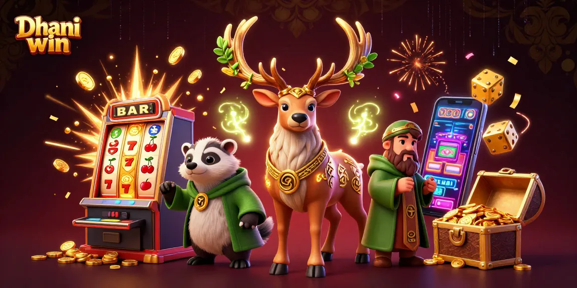 Dhani win characters celebrate with a jackpot slot explosion and vibrant gaming elements bursting around them.