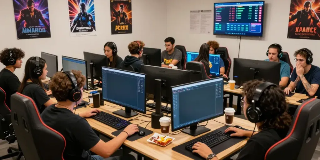 Diverse players engaging with the DewaTogel gaming platform, showcasing camaraderie and excitement in a vibrant gaming environment.