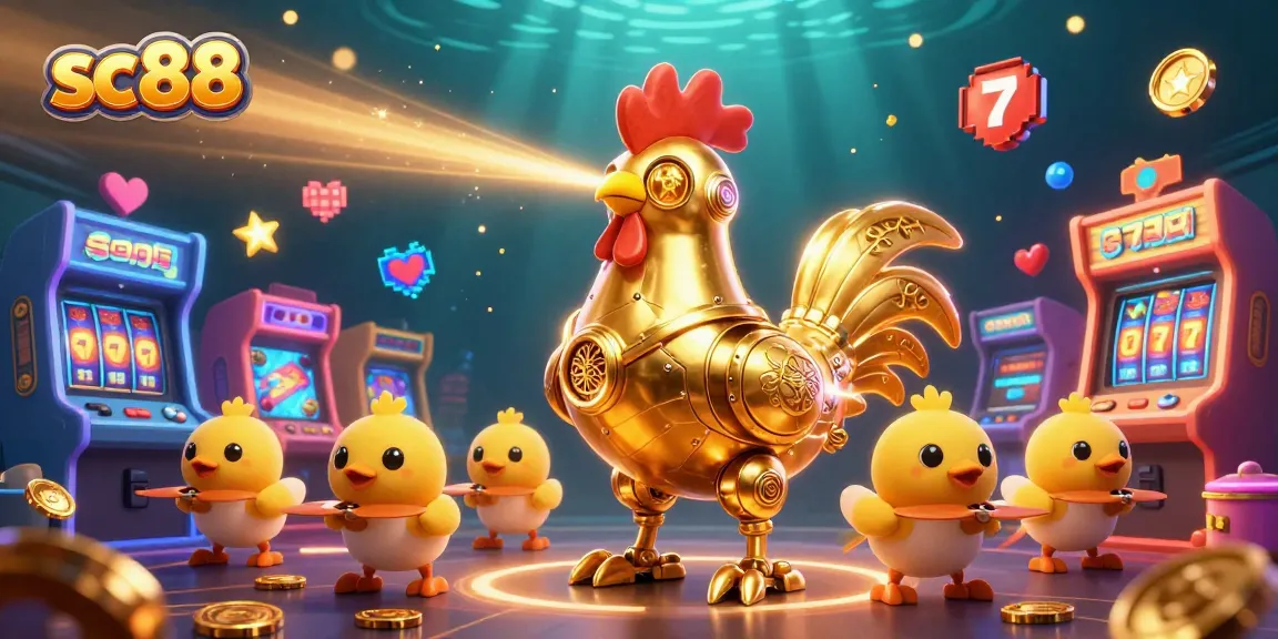 Engage with sc88's vibrant casino scene featuring a golden rooster robot and baby chick drones.