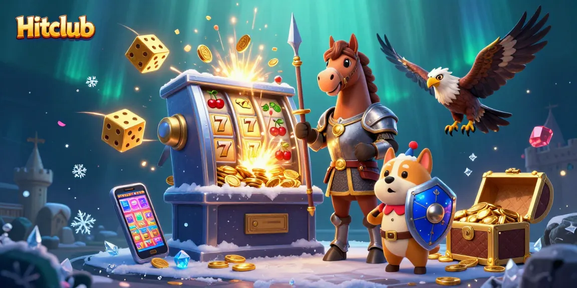 Hitclub slots scene shows a jackpot explosion with characters in action.