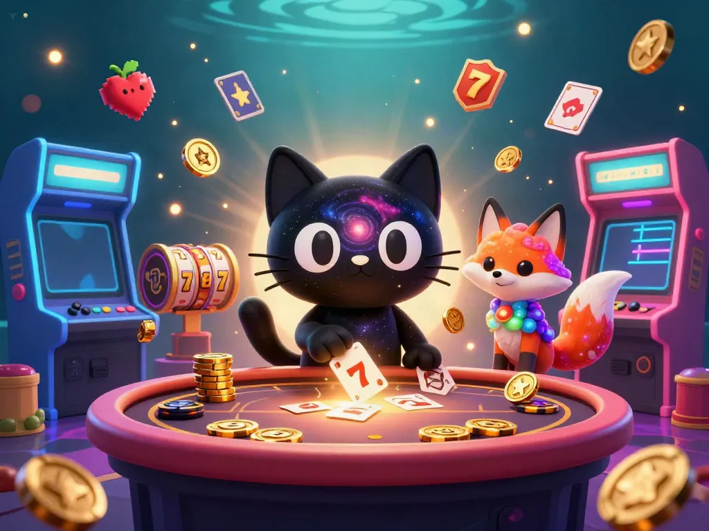 Join the thrilling V79 casino experience with a cosmic black hole cat and colorful nebula fox at the vibrant gaming table.