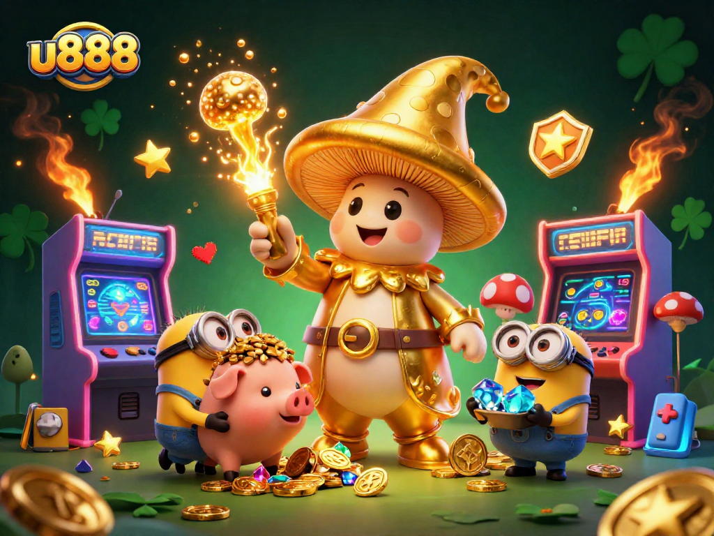 Experience the magic of u888 with a glimmering golden mushroom wizard, vibrant game elements, and immersive casino adventures.