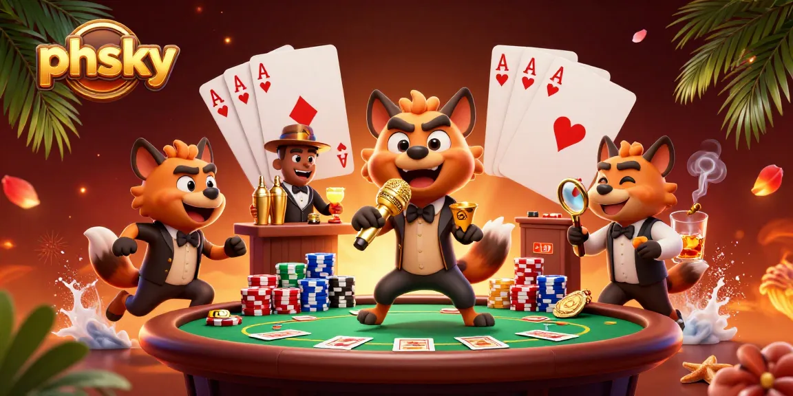 Engage with phsky's vibrant casino atmosphere featuring hyena characters and poker action.