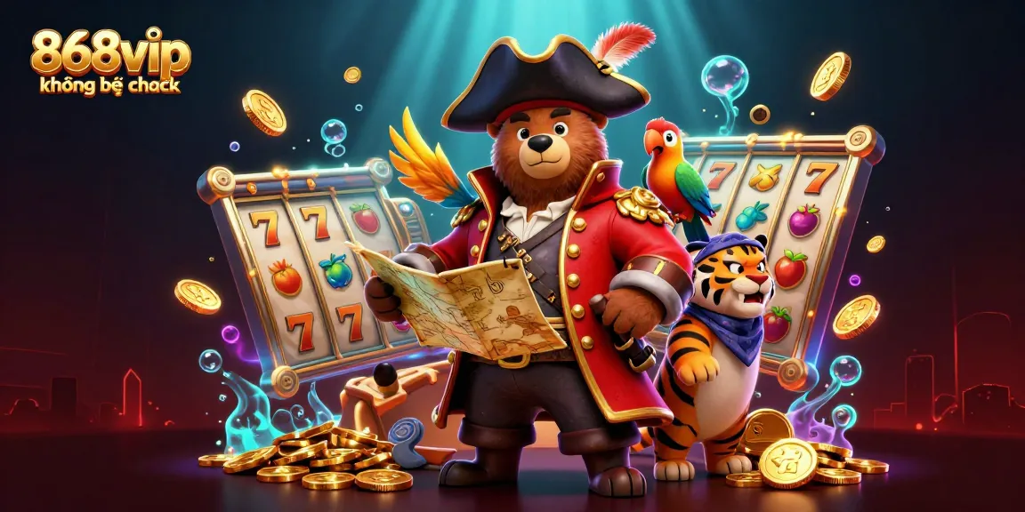 Engage in thrilling 868vip không bị chặn gaming action with a vibrant atmosphere full of colorful slot reels and dynamic characters.