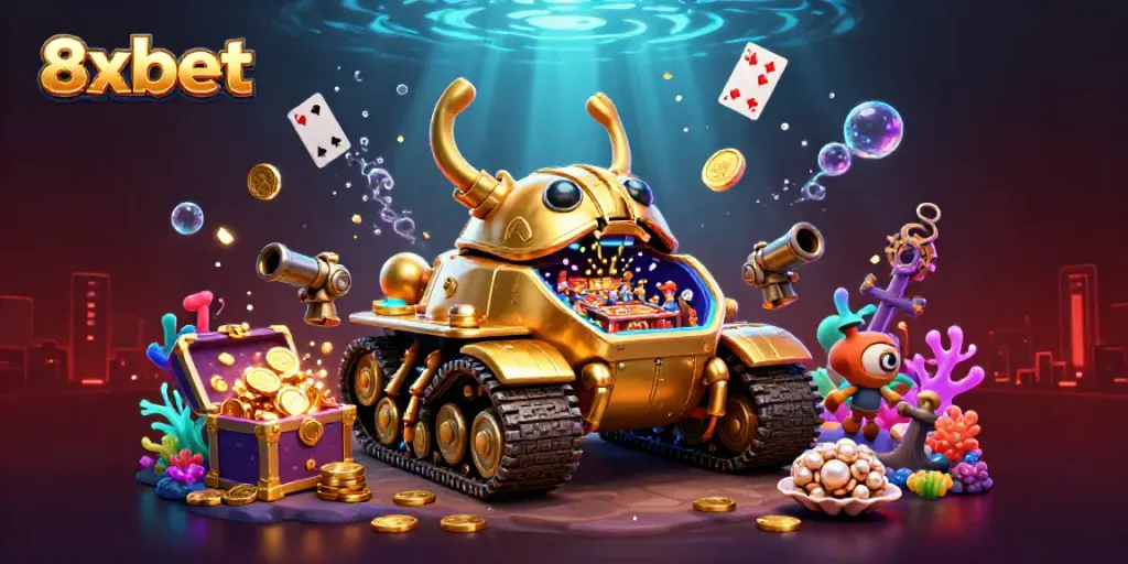 Experience excitement at 8xbet with a vibrant casino scene featuring a golden beetle tank.