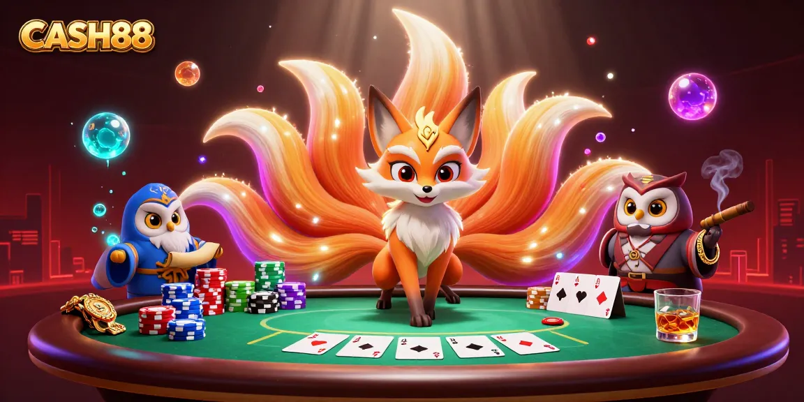 CASH88 players engage in thrilling poker action, surrounded by vibrant characters and colorful game elements.