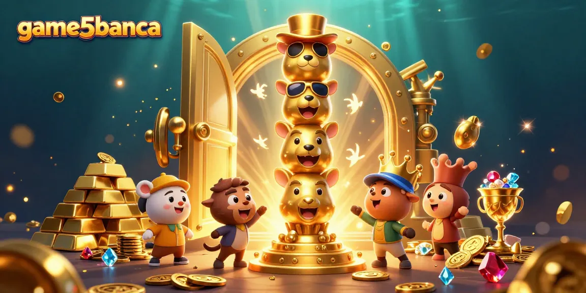 Game5banca showcases a vibrant 3D golden totem pole surrounded by dazzling jewels and sparkling treasures.