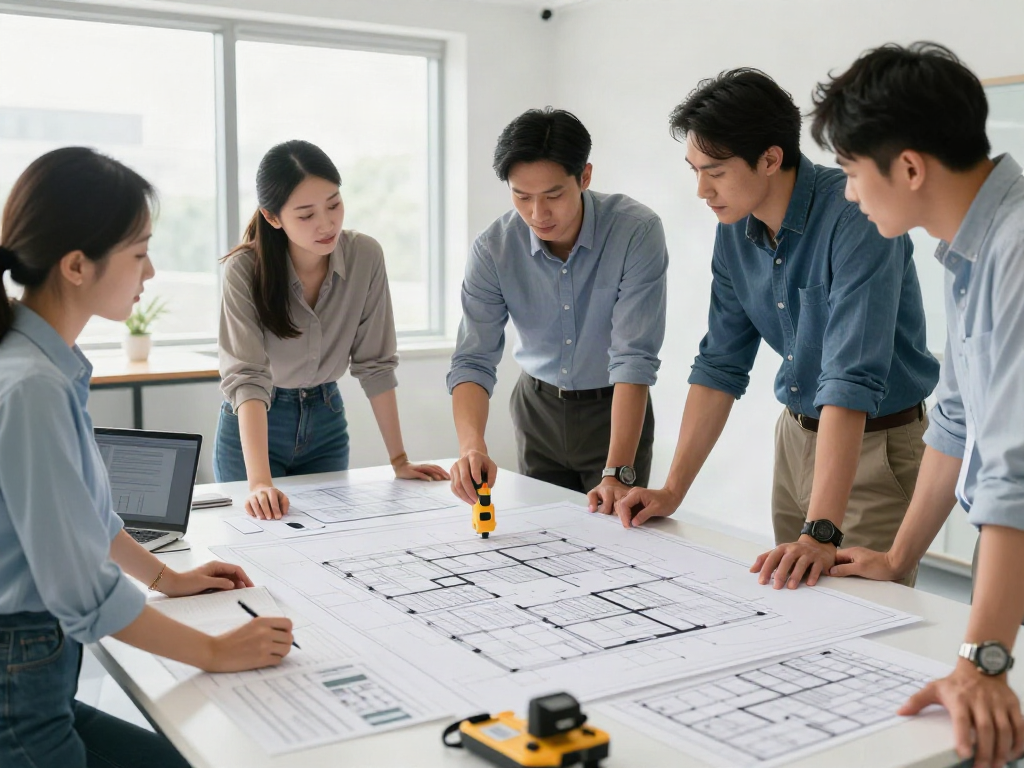 Measured Building Survey Surrey team analysing detailed architectural plans in a bright office.