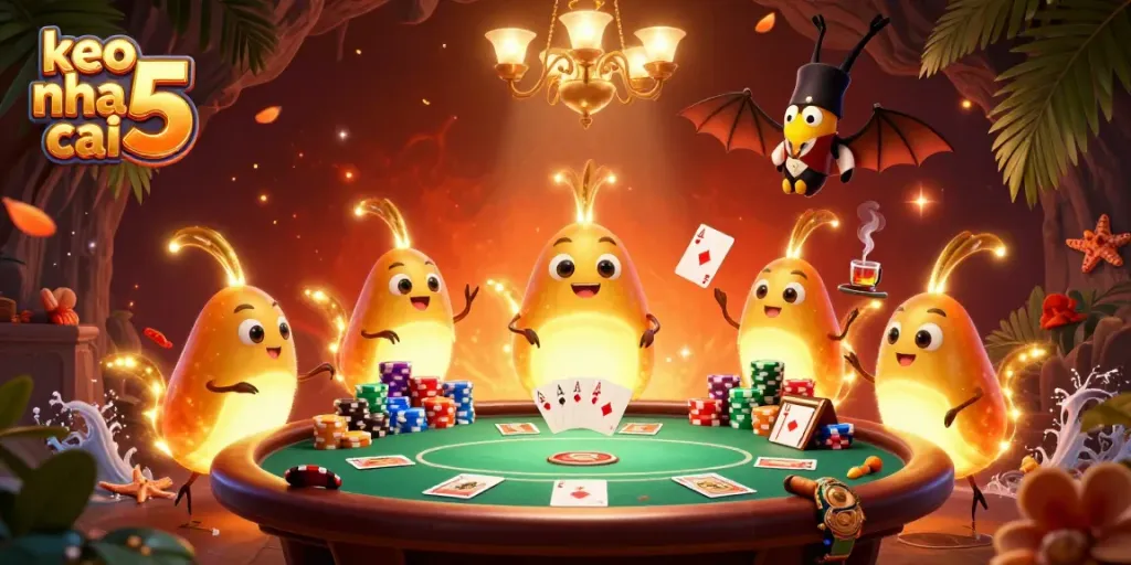 Exciting scene lighting up the cave casino with glowworms, showcasing keo nha cai 5 themes and vibrant game elements.