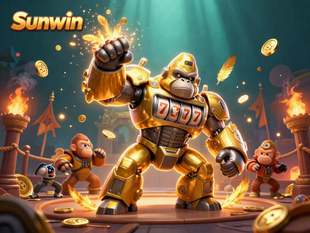 Engage in thrilling gameplay with Sunwin, featuring a dynamic golden gorilla mech and exciting casino elements.