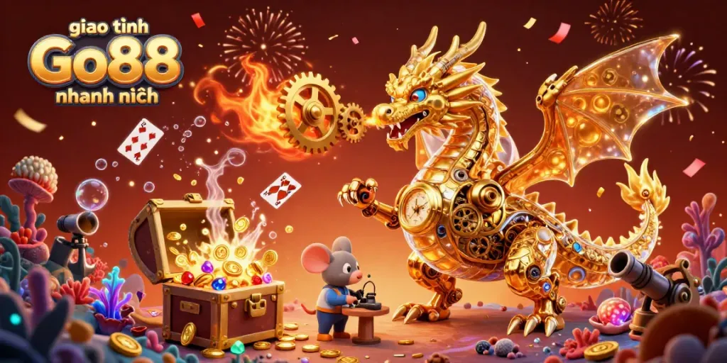 Experience giao dịch Go88 nhanh chóng with a golden dragon amidst vibrant casino elements.