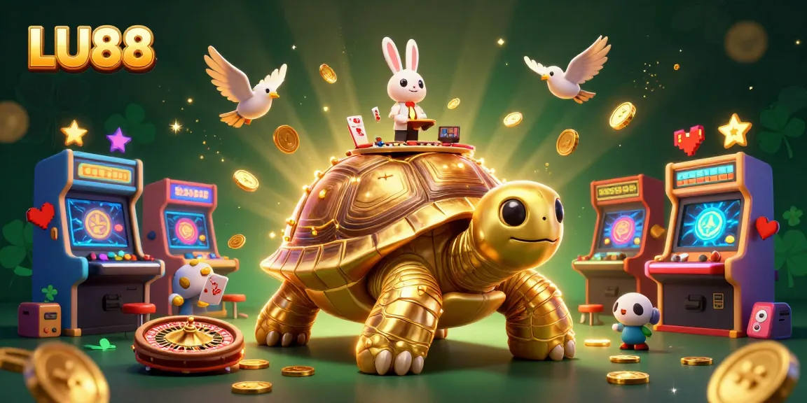 Experience LU88's dynamic gaming world with a golden tortoise, rabbit dealer, and vibrant arcade elements.